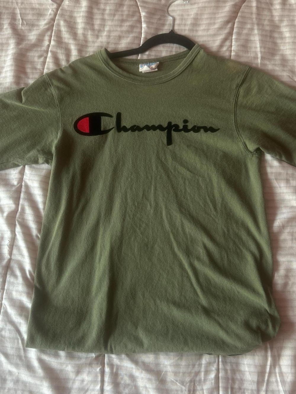 Champion Men Olive Green Logo Tee with Red Accent